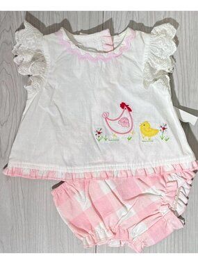 Mud Pie 0-3m NWT pinafore bloomer 2pc set Chicken chick pink gingham farm poplin